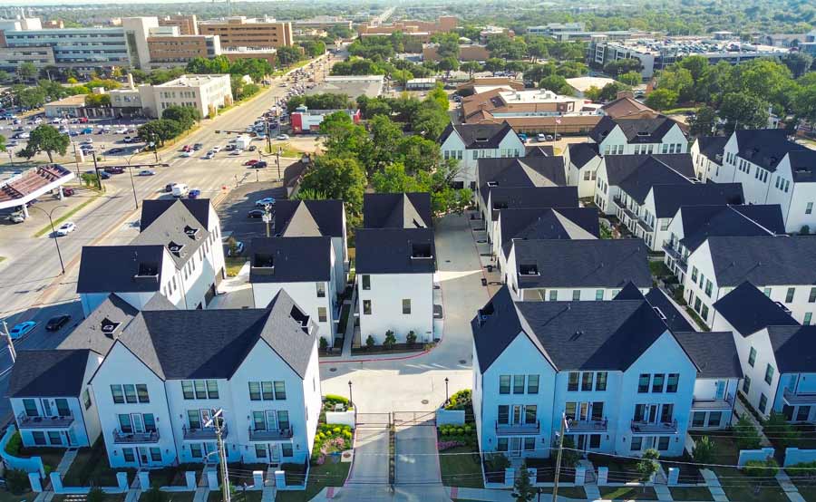Dense residential townhouses near The University of Texas at Arlington on Cooper Street